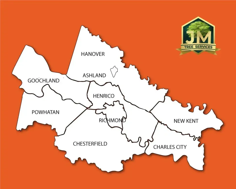 Map of JM Tree Services' service area, covering Richmond, Henrico, Hanover, Ashland, Goochland, Powhatan, Chesterfield, New Kent and Charles City, Virginia